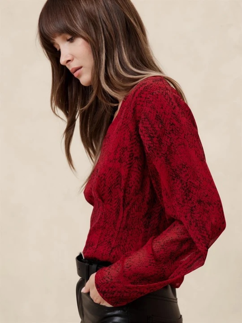 Banana Republic Draped Sleeve Red Print Top Blouse New Size 10